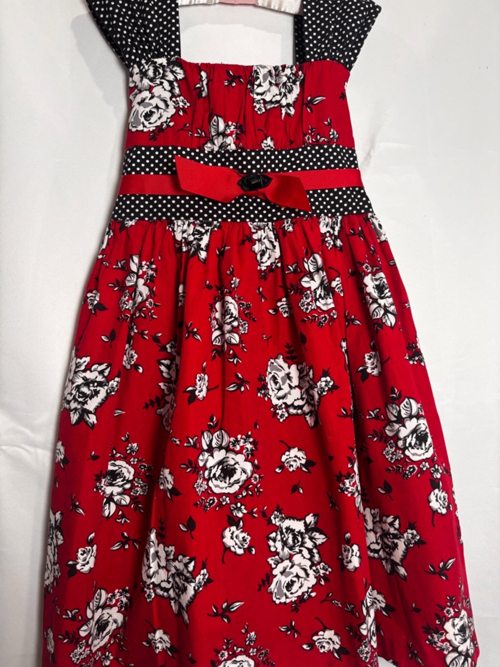 Ashley Ann Red Floral Girls Dress with Black & White Accents